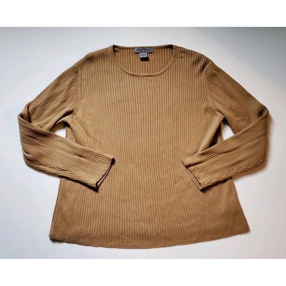 Vintage Eddie Bauer Sweater Womens XL 100% Cotton Ribbed Knit Khaki Long Sleeve